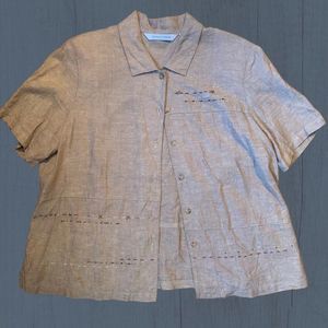 Beaded Linen Short Sleeve Button Up